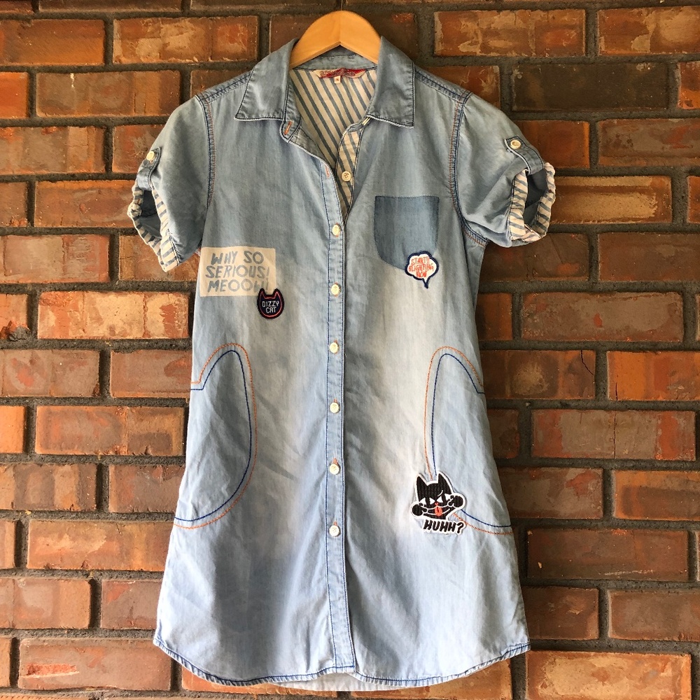 Rare A02 Brand Cat Cotton Distressed Denim Button up Shirt Dress Womens Sz Small